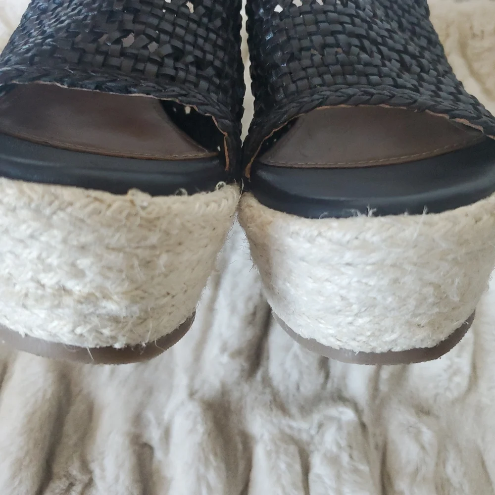 Black Leather Peep Toe Wedge Espadrilles